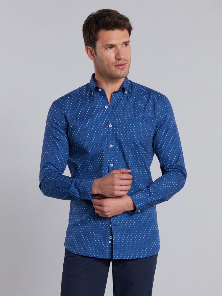 Chemise Hugo bleue à pois  - Col Boutonné Chemises Homme