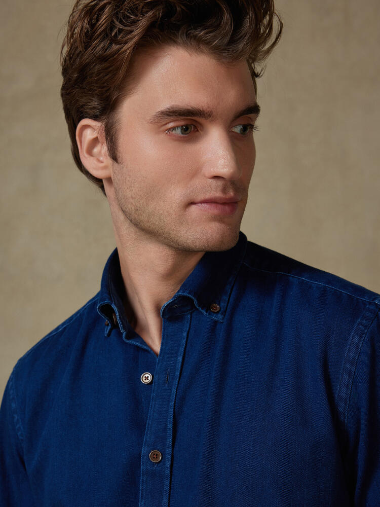 Chemise cintrée Albro en chevron indigo - Col boutonné Chemises Casual Slim
