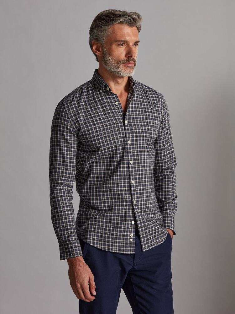 Chemise cintrée Denys en flanelle marine à carreaux gris - Col Boutonné Chemises Homme