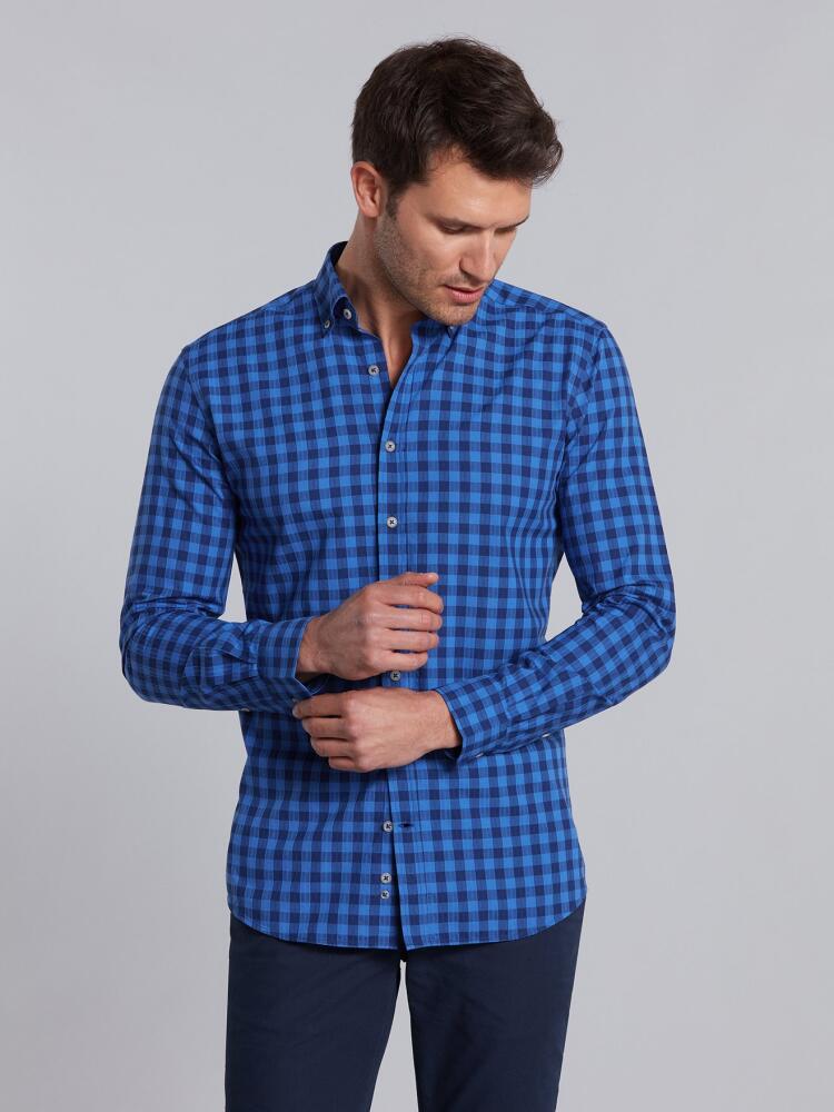 Chemise cintrée Shane en seersucker à carreaux marine  - Col Boutonné Chemises Homme