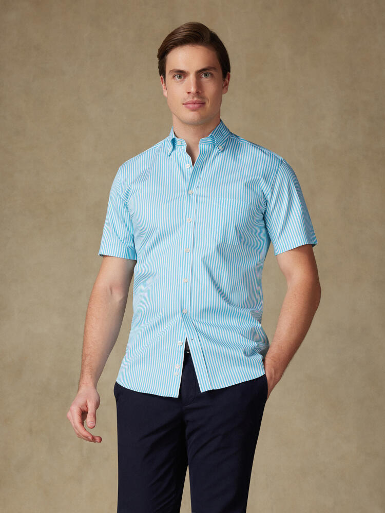 Chemise manches courtes Barry à rayures turquoise - Col boutonné Outlet