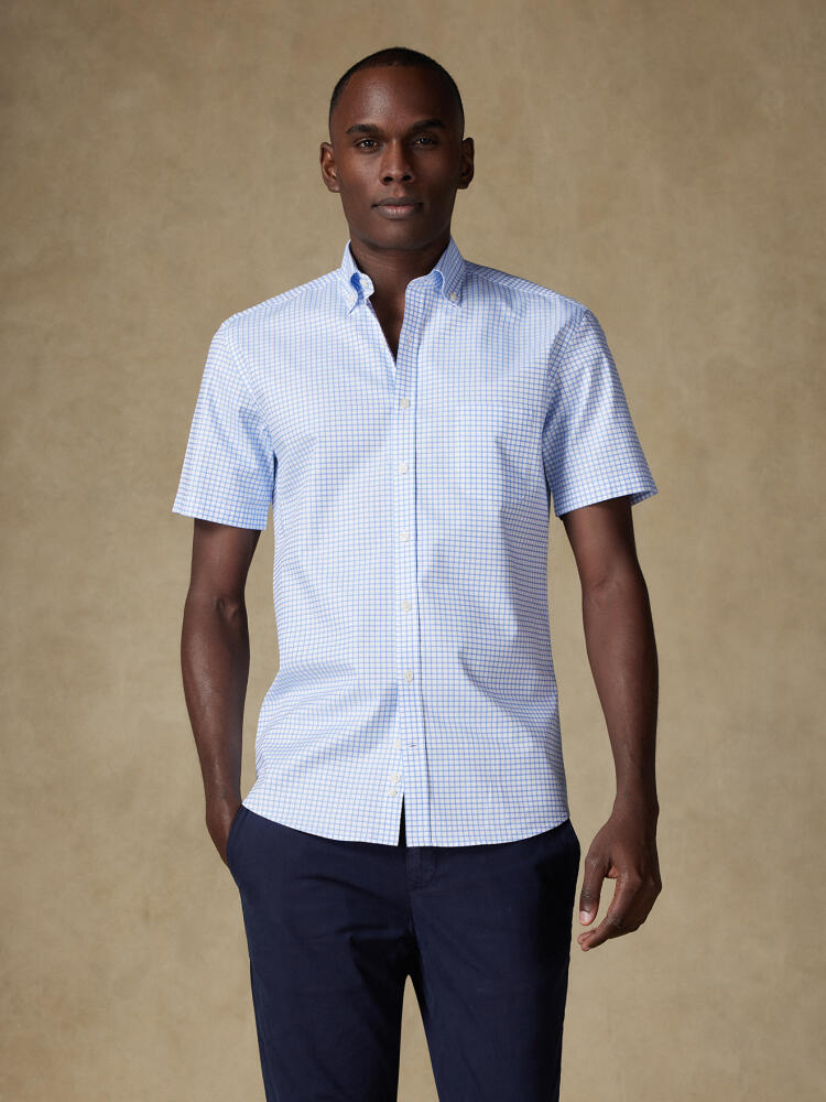 Chemise manches courtes Carlton à carreaux ciel  - Col boutonné Chemises Homme