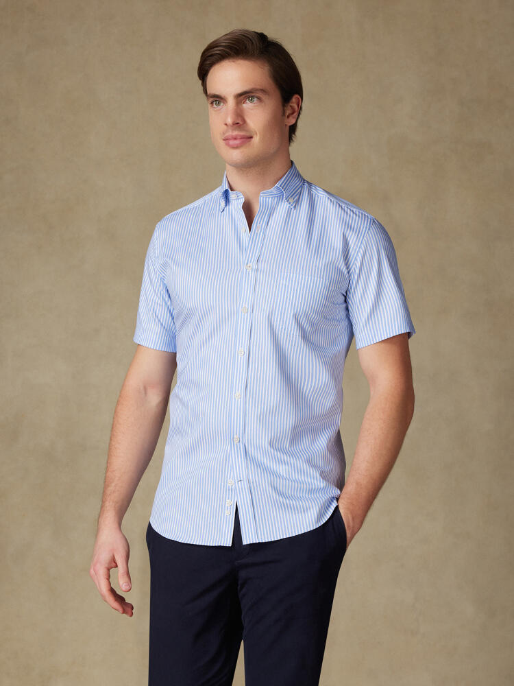 Chemise manches courtes Colin à rayures ciel - Col boutonné Chemises Homme