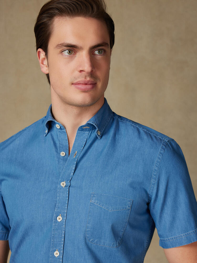 Chemise manches courtes en denim ciel - Col boutonné Chemises Homme