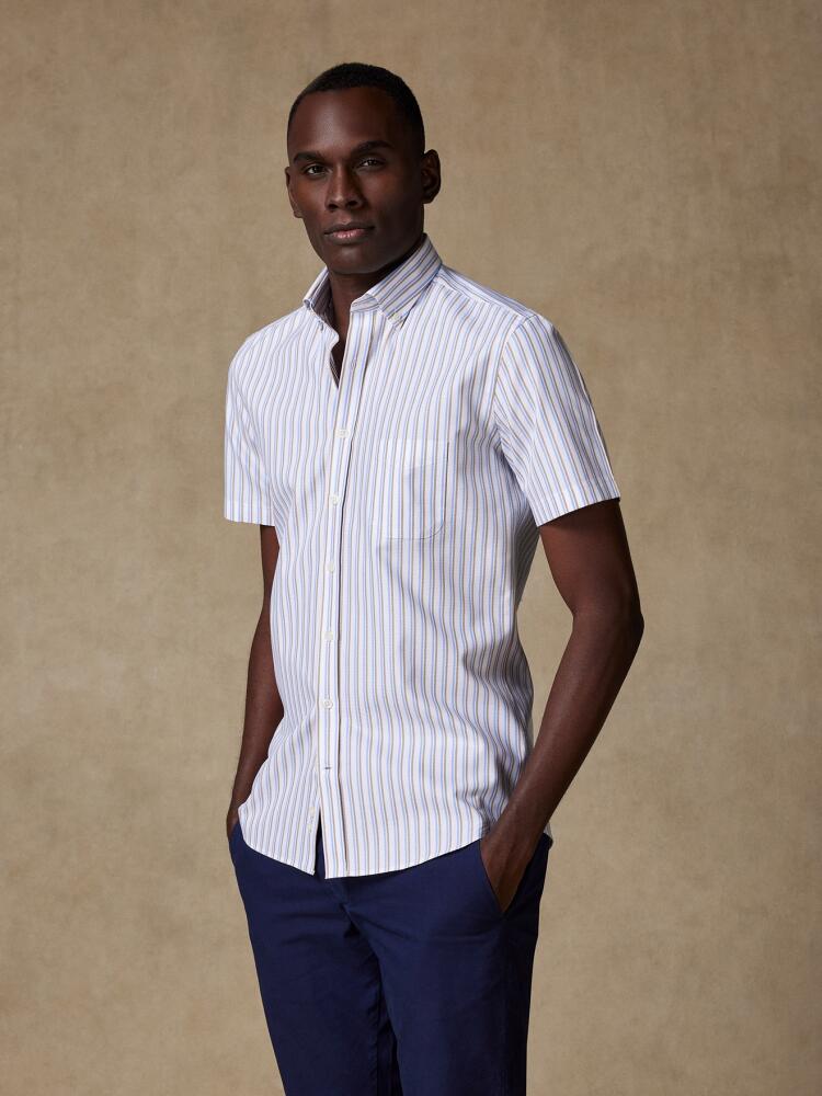 Chemise à manches courtes Finn à rayures sable et bleues  - Col Boutonné Chemises Homme