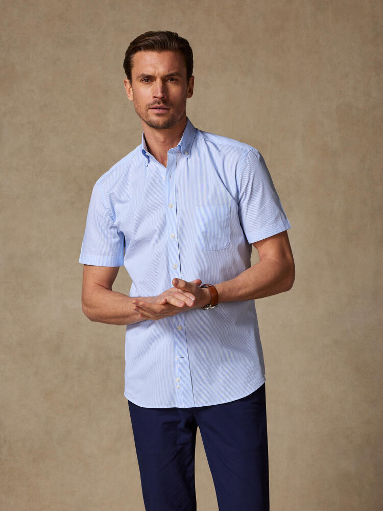 Chemise manches courtes Menthon à rayures bleues ciel - Col boutonné Chemises Homme