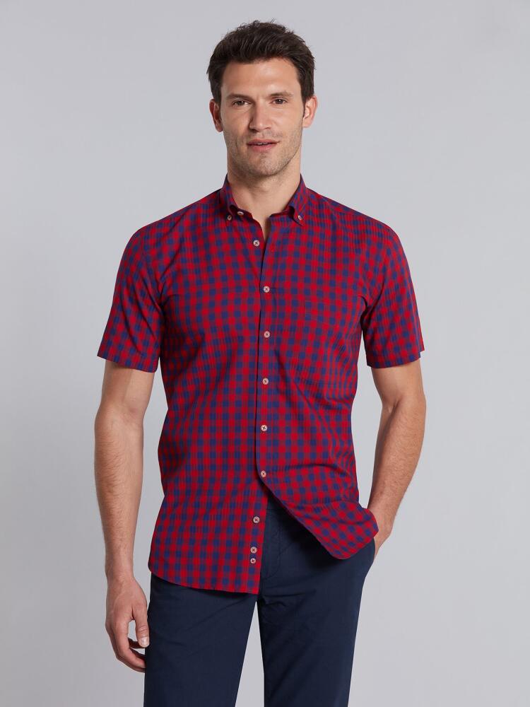 Chemise Shane en seersucker à carreaux rouges - Manches Courtes Chemises Homme