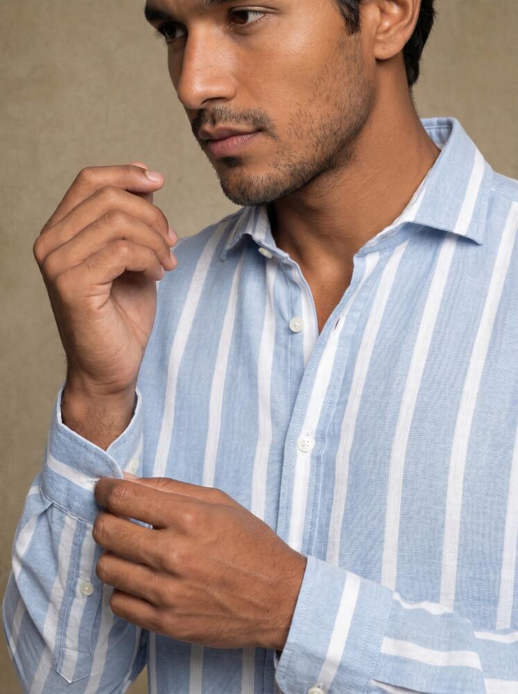 Chemise Nelson à rayures ciel en gaze de coton Chemises Homme
