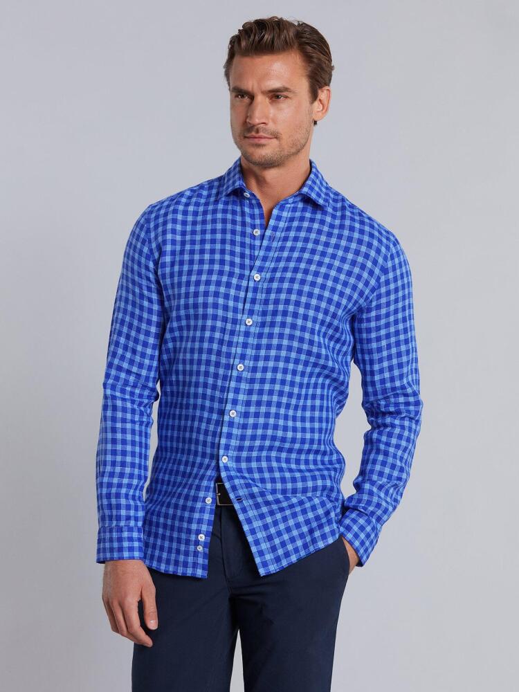 Chemise cintrée Jack en lin à carreaux bleus Outlet