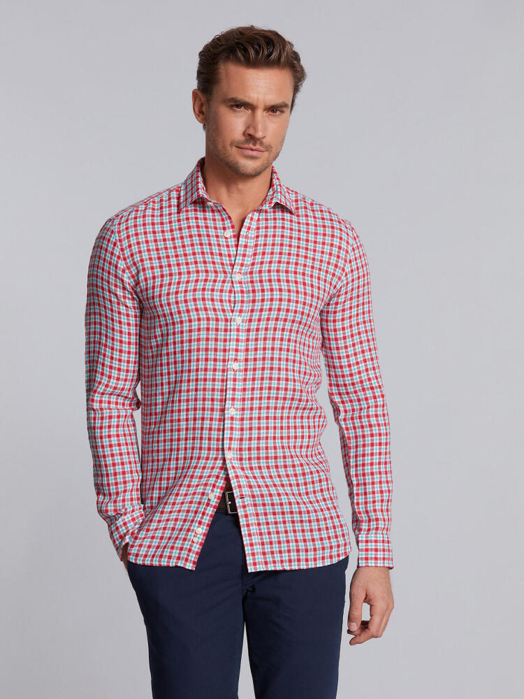 Chemise en lin à carreaux rouge Chemises Homme