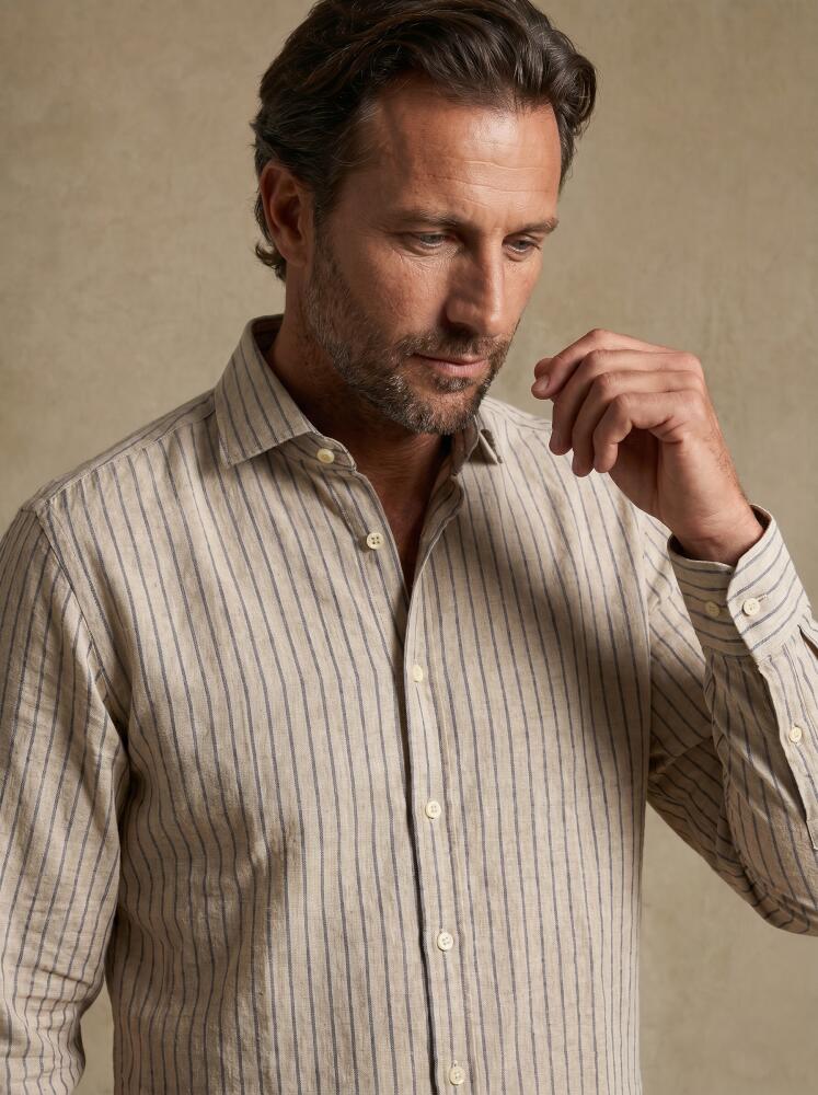 Chemise en lin beige à rayures bleue Chemises Casual Classique