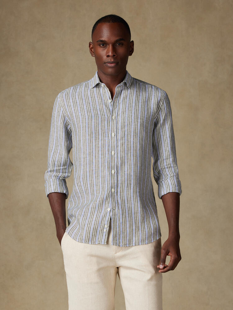 Chemise Thom en lin à rayures kaki Chemises Homme