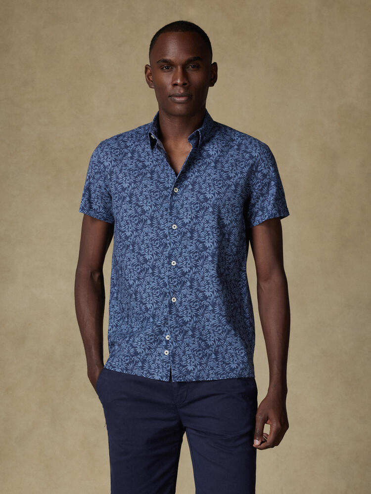 Chemise manches courtes Spike en lin marine à motif floral Outlet