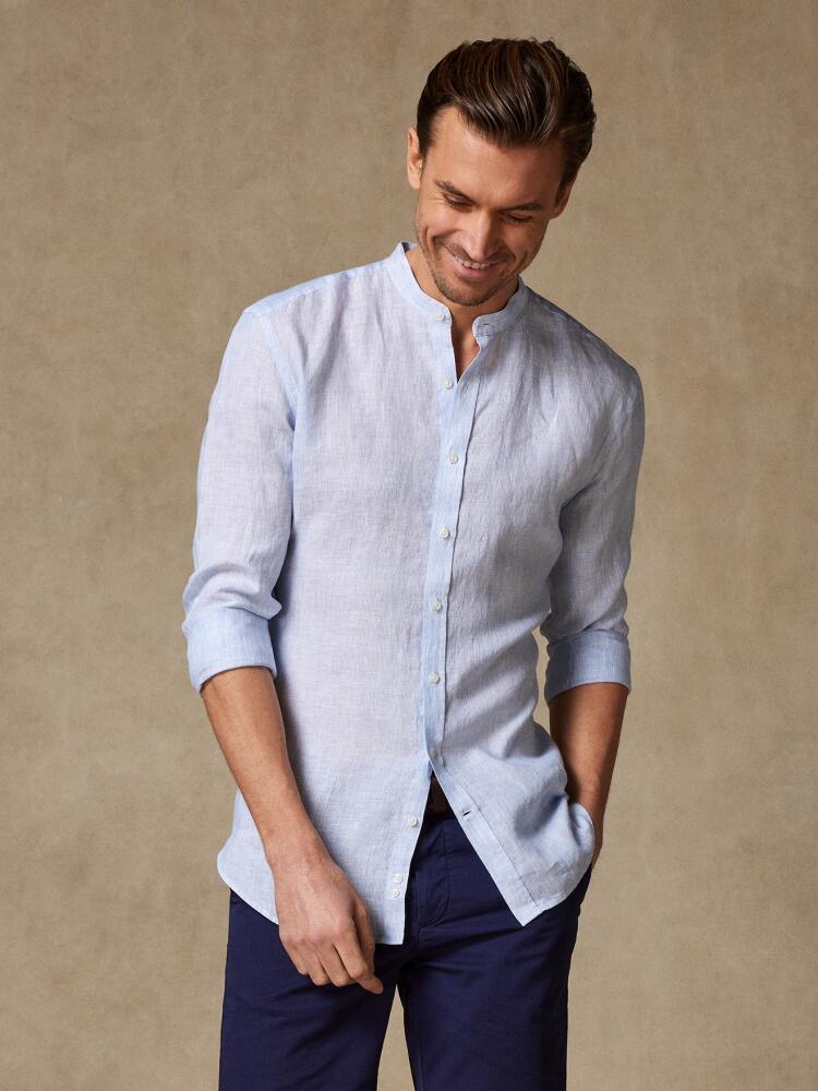 Chemise Col Mao Kim en lin à rayures ciel Chemises Homme
