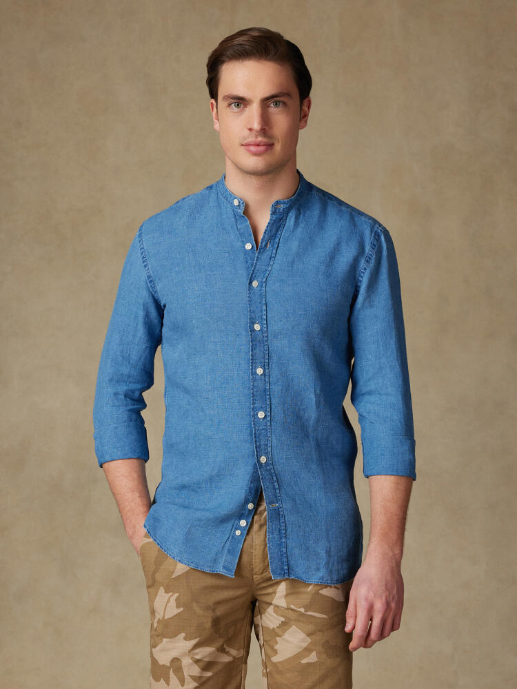 Chemise cintrée col mao Kurt en lin ciel Outlet