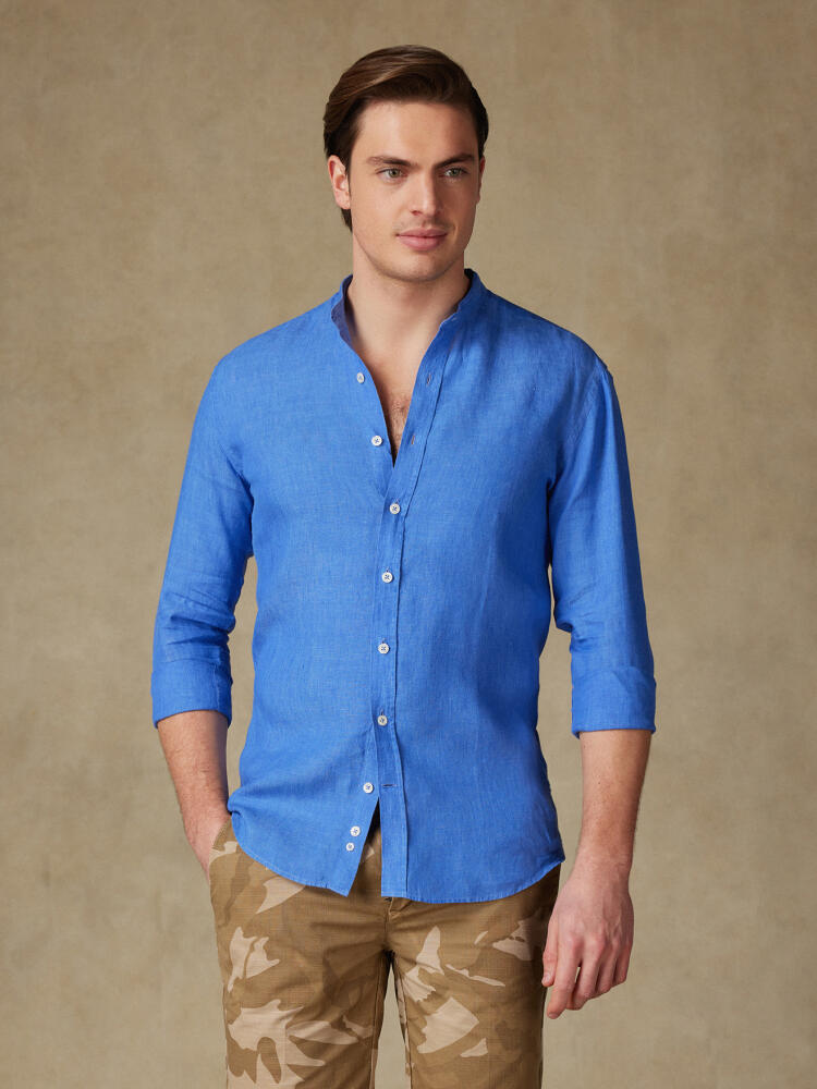 Chemise cintrée col mao Olaf en lin indigo Chemises Homme