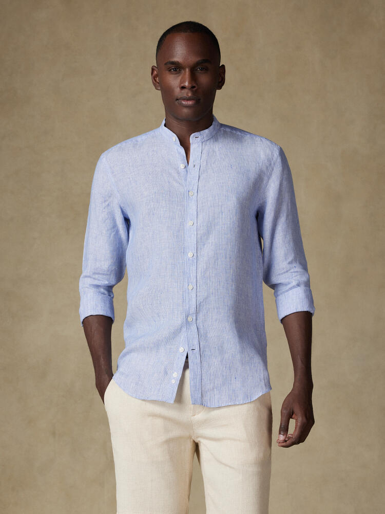 Chemise cintrée col mao Ted en lin à rayures bleues Chemises Homme