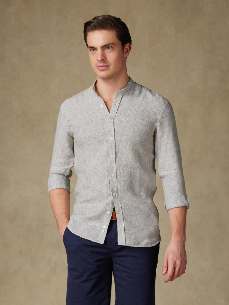 Chemise cintrée col mao Ted en lin à rayures kaki Chemises Homme