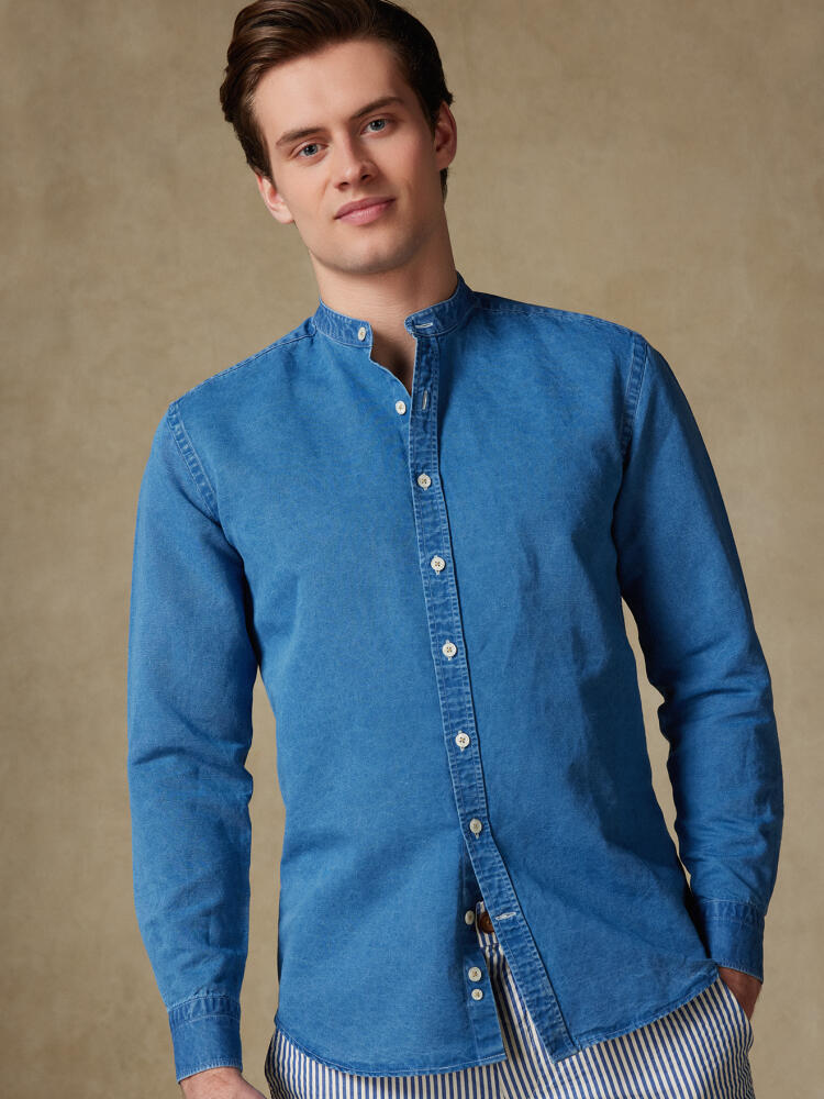 Chemise cintrée col mao Tim en lin indigo Chemises Homme