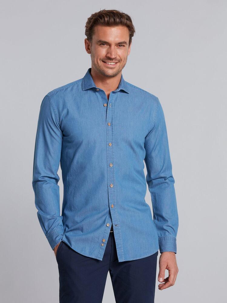Chemise cintrée en denim bleu  - Petit Col Chemises Homme