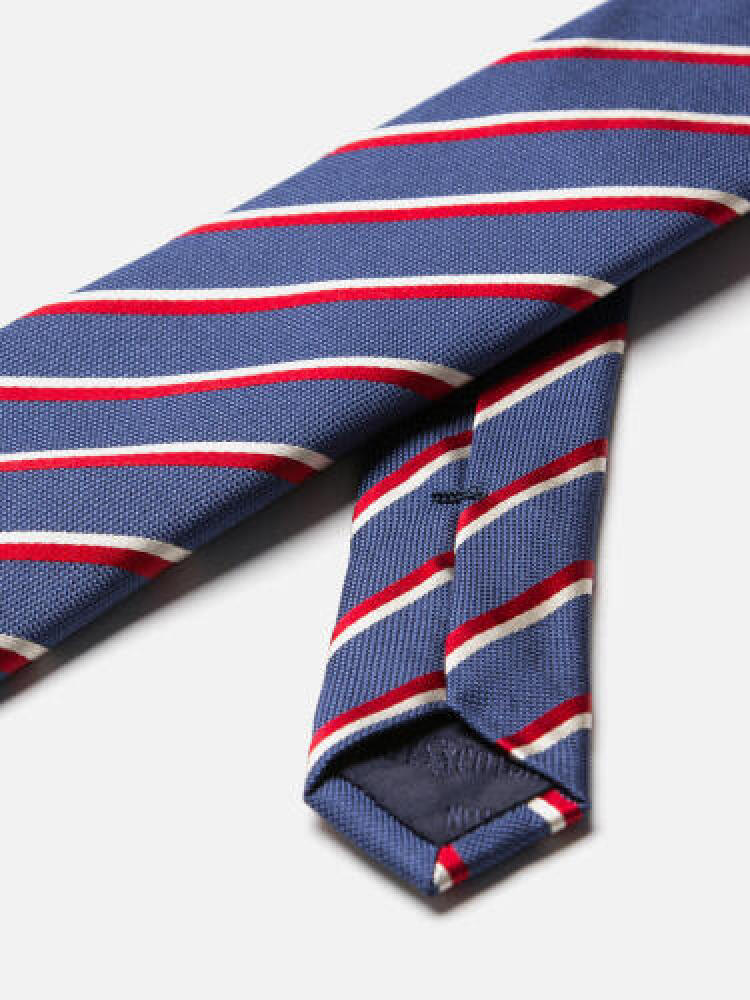 Cravate slim Bob en soie bleue à rayures rouges Cravates