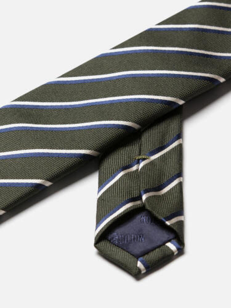 Cravate slim Bob en soie kaki à rayures bleues Cravates