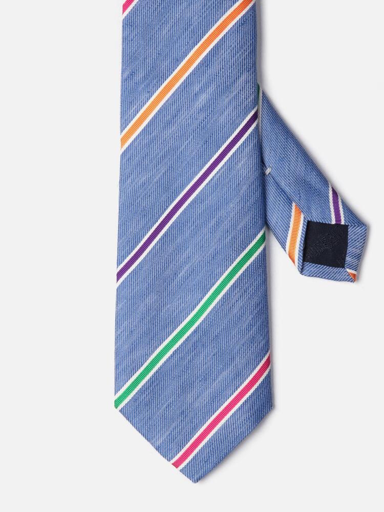 Cravate en soie et lin bleue à rayures multicolores Cravates