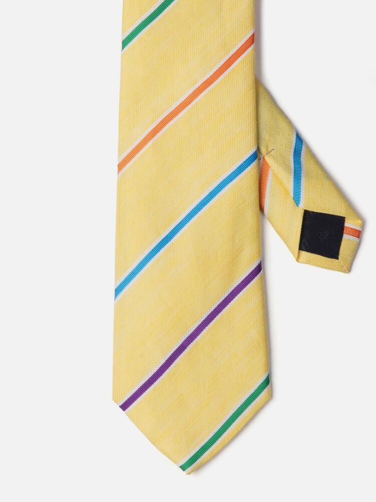 Cravate en soie et lin jaune à rayures multicolores Cravates