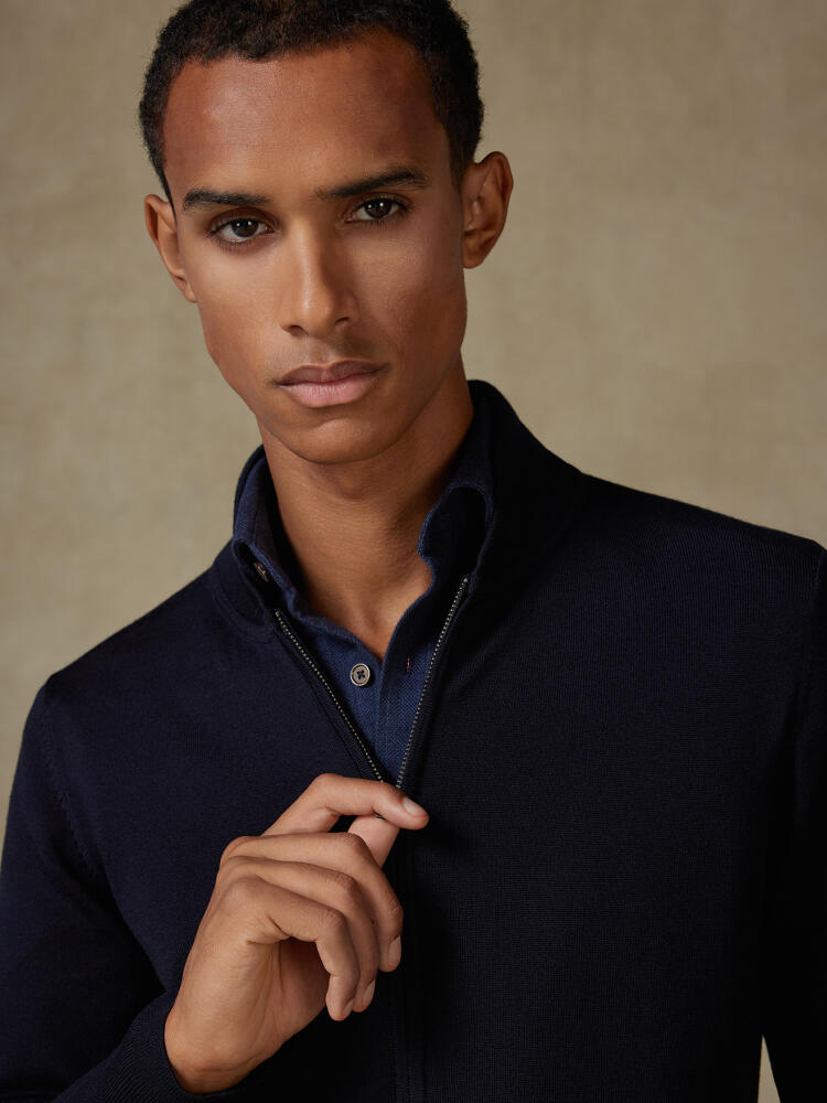 Full Zip Teddy en mérinos marine Pulls homme